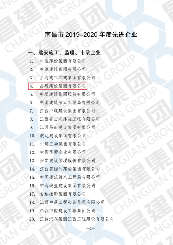 南昌市2019-2020年度先進企業(yè)